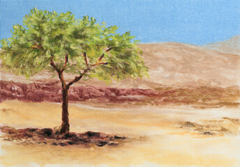 Landscape with tree. Soft pastel on paper.