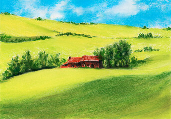 Landscape with meadows and house. Soft pastel on paper.
