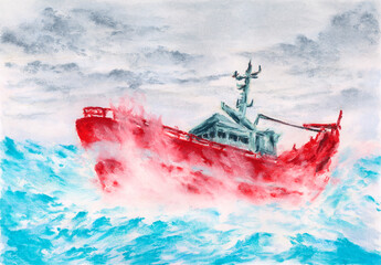 Red boat on stormy sea. Soft pastel on paper.