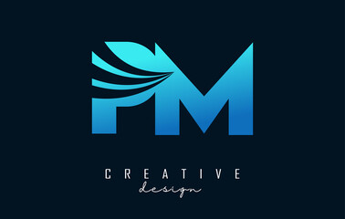 Creative blue letters PM p m logo with leading lines and road concept design. Letters with geometric design.