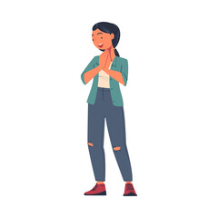 Happy Female Gasping in Amazement with Gratitude Looking Down at Something with Glad Face Vector Illustration