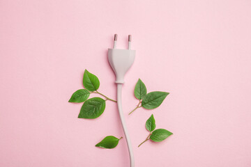 Ecectric plug with eco green plant. Save energy concept. Eco home, green energy concept. Flat lay, top view