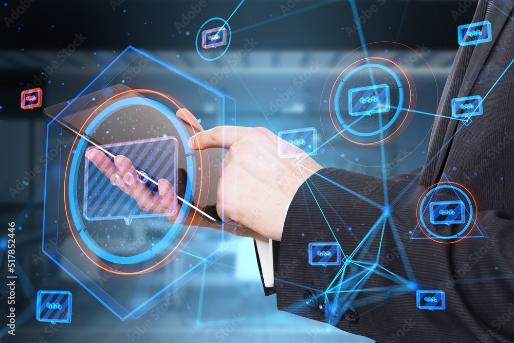 Poster close up of businessman hands using tablet with creative glowing connected communication hologram on