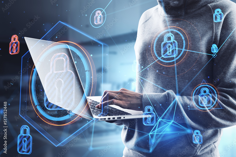 Aufkleber hacker in blurry office interior using laptop with abstract glowing connected digital padlock hologr