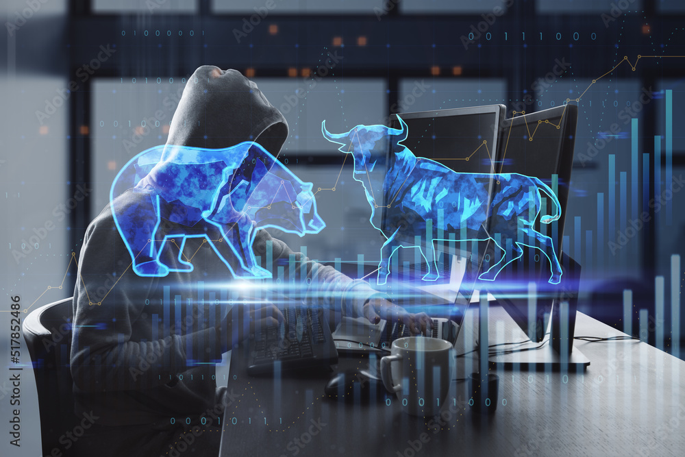 Aufkleber  bulls and bears struggle. Equity market illustration. Side view of hacker using computers at desktop with coffee cup and creative hologram and graph on blurry office interior background. 