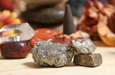 Incense Cone on Stone Slab With Crystals and Flowers