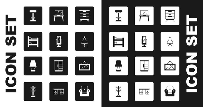 Set Furniture nightstand, Big full length mirror, Bunk bed, Chair, Lamp hanging, TV table, Picture and Table lamp icon. Vector
