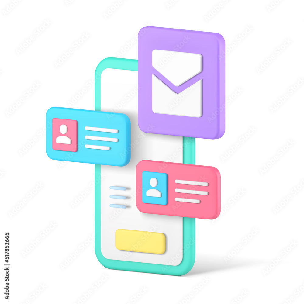 Poster smartphone communication mobile app incoming message letter contacts button realistic 3d icon vector