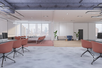 Fototapeta na wymiar Luxury concrete, glass and wooden conference room interior with windows and city view. Law and legal, corporate workplace concept. 3D Rendering.
