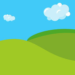 Colorful cartoon farmland background, hills and clouds