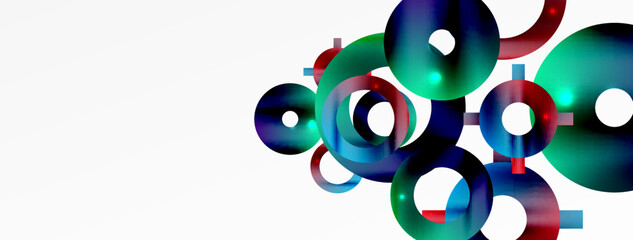 Minimal geometric abstract background. Shiny and glossy circle, line and round shapes design. Trendy techno business template for wallpaper, banner, background or landing