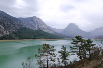 Green Canyon lake in Turkey. Mountain river. Mountain view on a cloudy day
