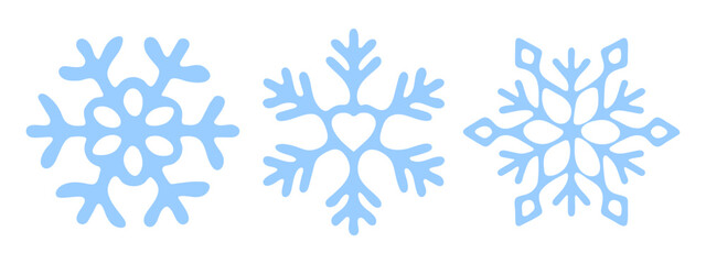 Blue Snowflakes on a white background. Isolated elements in a flat style. Stylish set for your New Year or Christmas design. Vector illustration.	