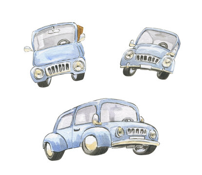 Watercolor Illustration Of A Blue Car In Different Angles