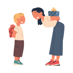 Happy Woman Mother with Little Kid Exchanging Gift Box as Holiday Congratulation Vector Illustration