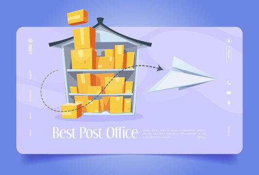 Best post office cartoon landing page. Parcel shipping, fast delivery service. Pile of cardboard boxes lying on shelf and paper airplane flying. Freight and cargo warehouse logistic, Vector web banner