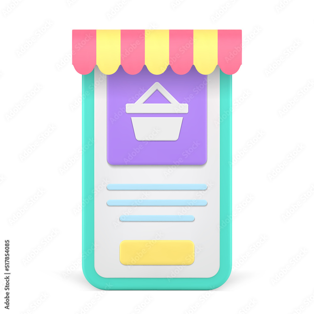 Poster online shopping smartphone application digital store awning tent user interface 3d icon vector
