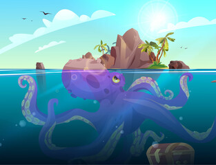 Rocky island with palm trees in the ocean. Purple giant octopus under the sea. Cartoon vector illustration for 2d game or adventure quest.