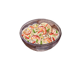 watercolor drawing bowl with udon noodes and shrimps, plate of asian food isolated at white background, hand drawn illustration