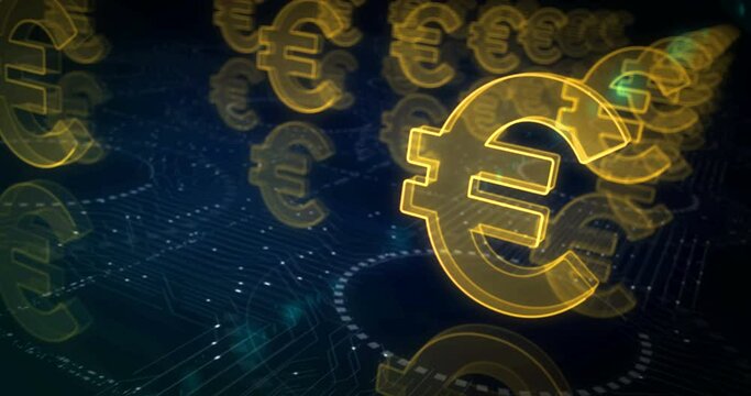 Euro stablecoin currency business and digital money symbol abstract cyber concept. Digital technology and computer background seamless and looped 3d animation.