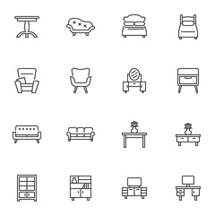 Furniture, home decor line icons set