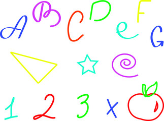 Vector colorful letters and numbers on white background. Hand drawn Illustrations for school decor, design, print, notebook, books, textbook