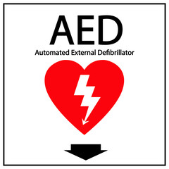 AED,automated external defibrillator / aed sign with heart and electricity symbol flat vector icon	
