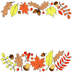 Autumn colorful background with space and border of leaves, mushrooms, acorns, berries on edges. For invitation, ending, frame, children's print. The theme is forest, happy fall, thanksgiving