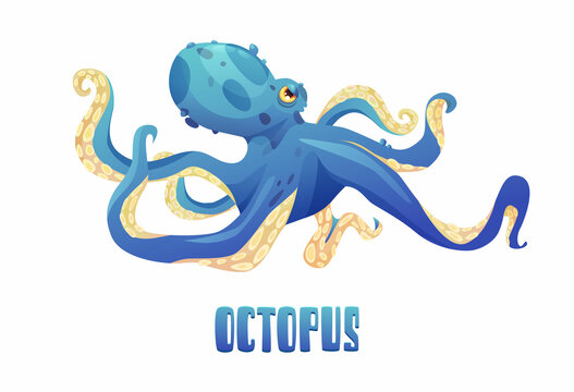 Blue cute octopus cartoon vector illustration. Sea animal. Hand lettering text.