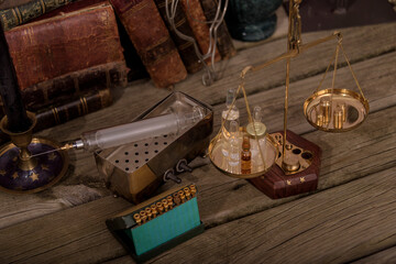 Vintage medical study desk. Traumatology and foot surgery study.