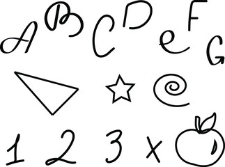 Vector letters and numbers on white background. Hand drawn Illustrations for school decor, design, print, notebook, books, textbook