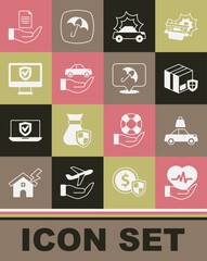 Set Life insurance, Car, Delivery security with shield, accident, Insurance online, Contract hand and Umbrella icon. Vector
