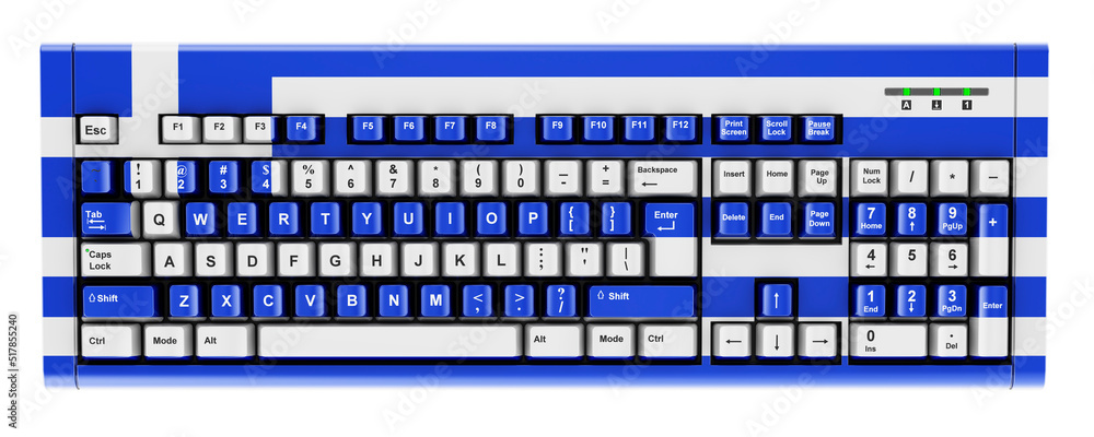 Poster greek flag painted on computer keyboard. 3d rendering
