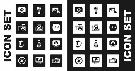 Set Photo retouching, camera, Camera shutter, frame 16, Action extreme, and film roll cartridge icon. Vector