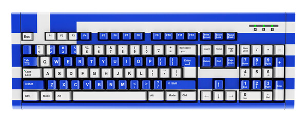 Greek flag painted on computer keyboard. 3D rendering