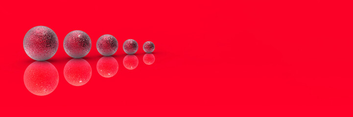 Five balls of metal of different sizes of red color on red background. Growth of something. Progress. Reflection. Banner for insertion into site. Place for text cope space. 3D image. 3D rendering.