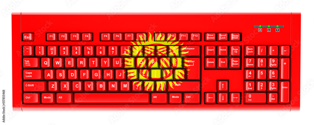 Poster kyrgyz flag painted on computer keyboard. 3d rendering