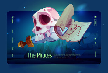Pirates cartoon landing page with skull, saber and treasure map on dark background with ocean and rocks. Filibusters adventure game, corsair party or quest invitation, Vector illustration, web banner