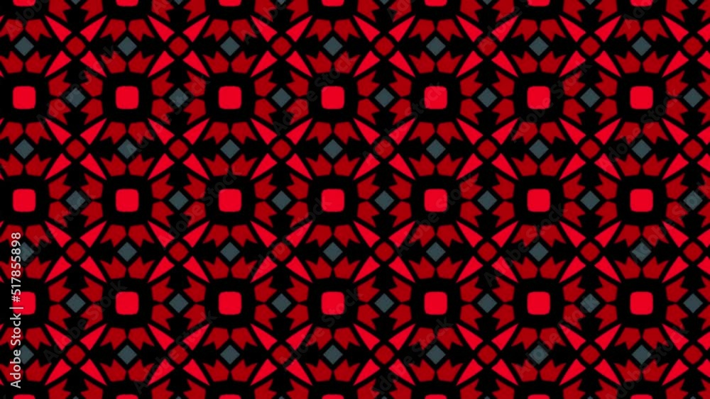 Poster design of motive seamless pattern with bloody red roses inside a black kaleidoscope format on dark b