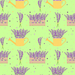 Seamless pattern with lavender flowers, flower boxes, flower bouquets. Floral seamless pattern.