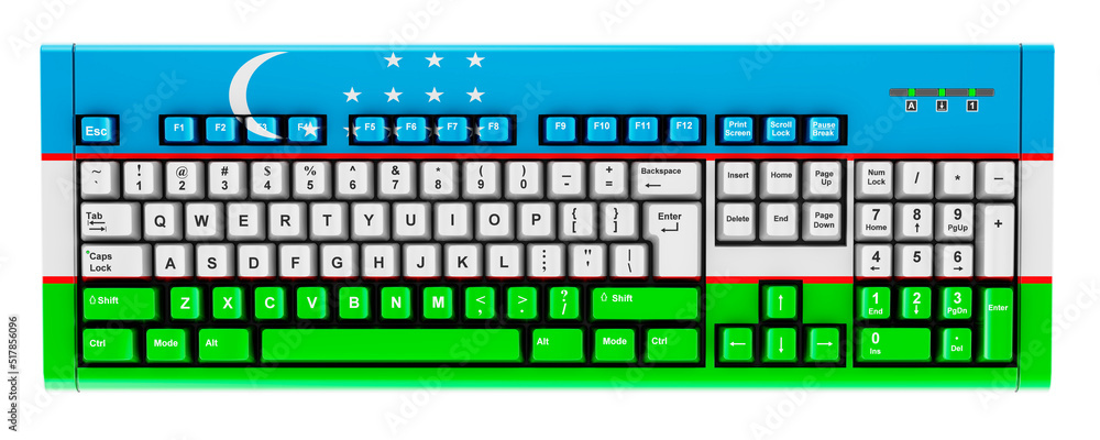 Poster uzbek flag painted on computer keyboard. 3d rendering