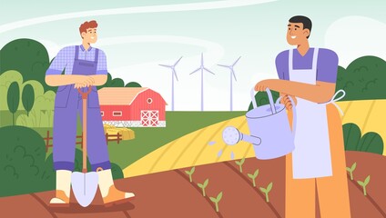 People gardening. Flat vector illustration with a group of people working together in the garden. Concept of garden job.