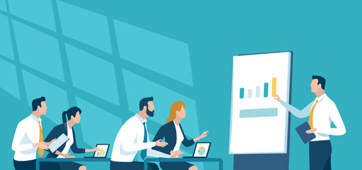 School, education, learning. Business illustration. The business team listens to the teacher. 
