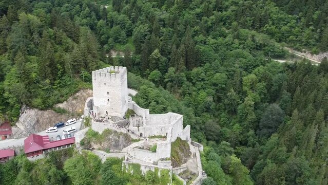 Amazing orbiting aerial of Zil castle Camlihemsin,Rize,Turkiye.  Famous mountaintop medieval period castle overlooking the Firtina Valley.