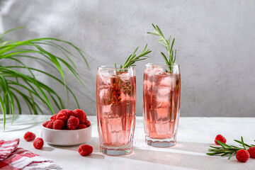 Summer refreshing non-alcoholic cocktails. Raspberry lemonade garnished with fresh rosemary. Summer raspberry beverage with sparkling water. Copy space.