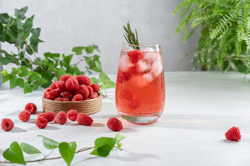 Summer refreshing non-alcoholic cocktails. Raspberry lemonade garnished with fresh rosemary. Summer...