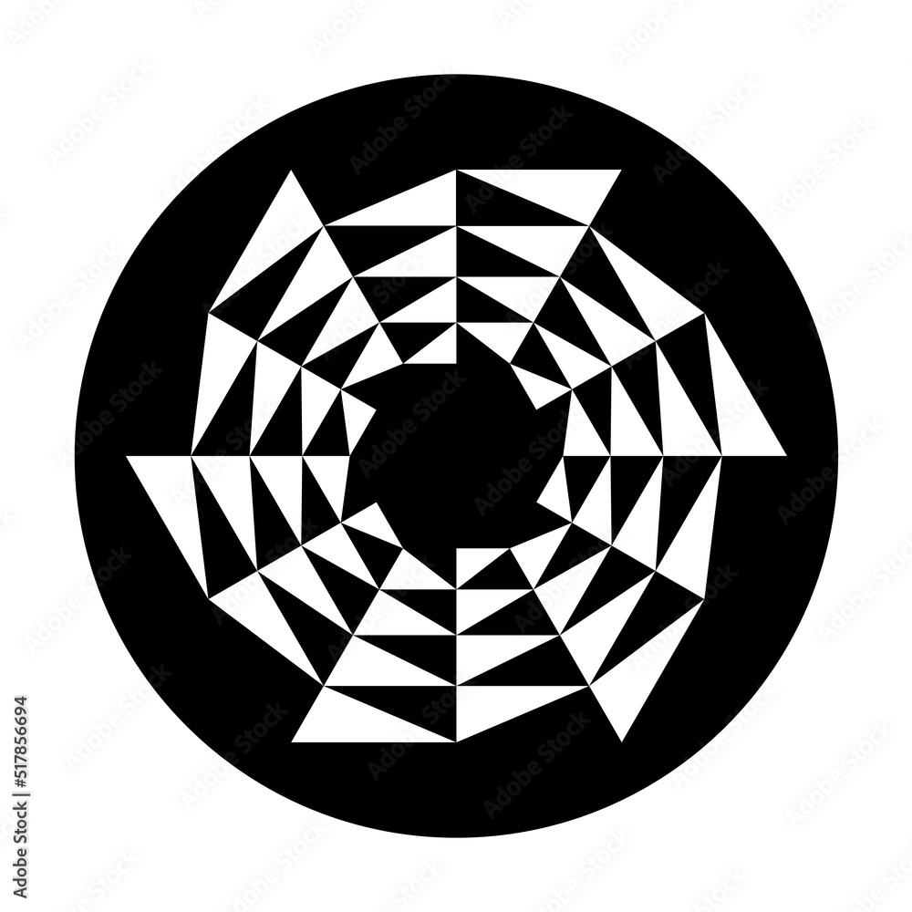 Poster star with circular triangle pattern in a black circle. white triangles forming a circular saw blade 
