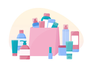 Cosmetic shopping. Pile of cosmetics isolated. Beauty and skin care products in bag. Vector set of cream bottles, tubes, spray. Flat illustration
