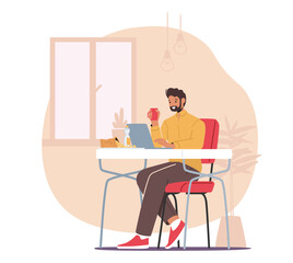 Remote Freelance Work Concept. Man Freelancer Sitting in Comfortable Armchair Working Distant on Laptop with Coffee