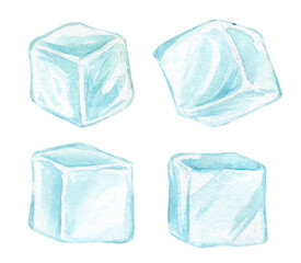 ice cubes, different angles, watercolor set, objects, on an isolated background.